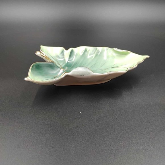 Vintage Norcrest Leaf Trinket Dish Candy Handpainted Green Leaf Gold Trim - Picture 7 of 11